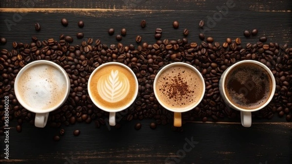 Obraz Four cups of coffee in a row showing different stages of preparation and coffee beans
