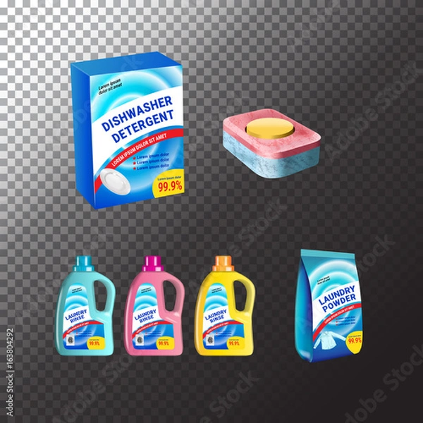 Fototapeta Set of templates realistic package for bottles with laundry and dishwasher detergent. Plastic containers, package and tablets. Vector mockup of isolated objects on transparent background