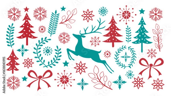 Obraz Christmas Holiday Pattern with Deer Trees Snowflakes and Bows.