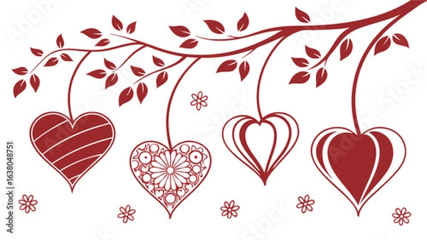 Obraz Ornate Red Hearts Hanging from Branch with Leaves and Flowers.