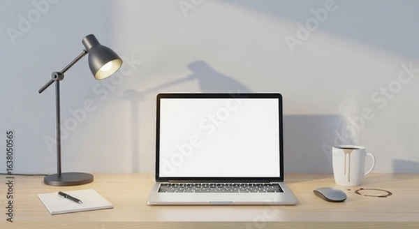 Fototapeta Bright and clean home office setup with laptop, lamp, coffee, and notebook on a wooden desk, ideal for showcasing remote work, studying, or online business in a modern environment.