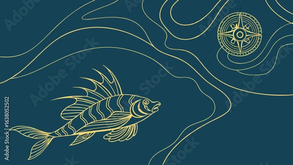 Obraz Elegant Gold Line Art Fish and Compass Design.