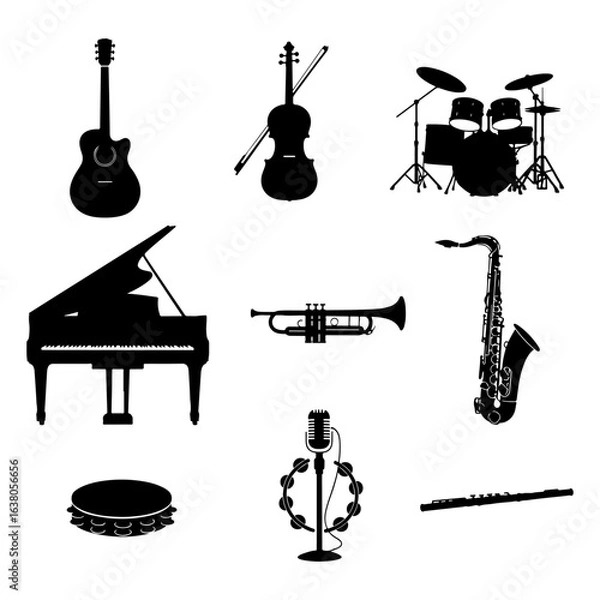 Obraz Black silhouette musical instruments including guitar violin piano drums saxophone