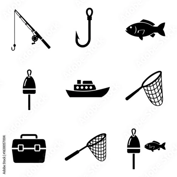 Obraz Collection of black fishing equipment icons on white background reel hook