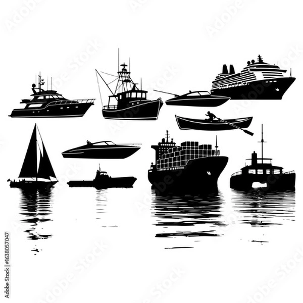 Obraz Collection of Black Ship Silhouettes on White with Water Reflections boat yacht