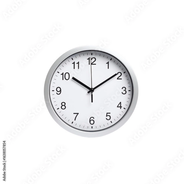 Fototapeta Modern wall clock displaying time in a minimalistic design with a white background and black hour and minute hands
