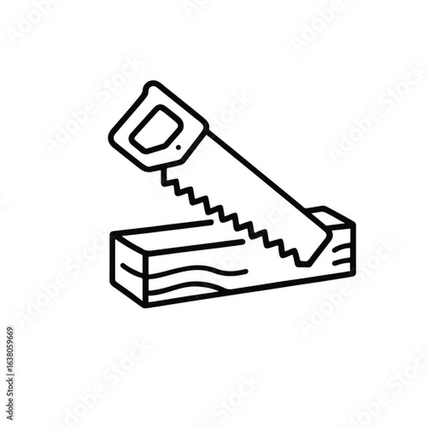 Fototapeta Vector art of hand saw cutting a piece of wood isolated on white background