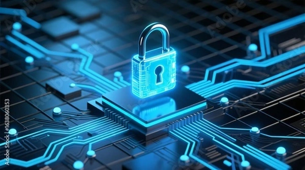 Obraz Cyber Security Concept Glowing Padlock on Futuristic Circuit Board
