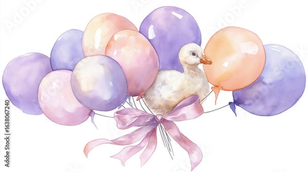 Fototapeta Colorful watercolor illustration of a cluster of balloons in various shades, tied together with a delicate ribbon, symbolizing celebration and joy in a festive atmosphere
