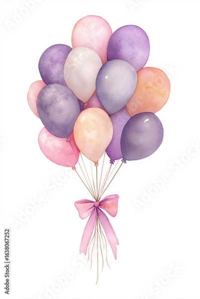 Fototapeta Colorful watercolor illustration of a cluster of balloons in various shades, tied together with a delicate ribbon, symbolizing celebration and joy in a festive atmosphere