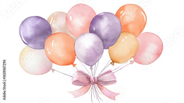 Fototapeta Colorful watercolor illustration of a cluster of balloons in various shades, tied together with a delicate ribbon, symbolizing celebration and joy in a festive atmosphere