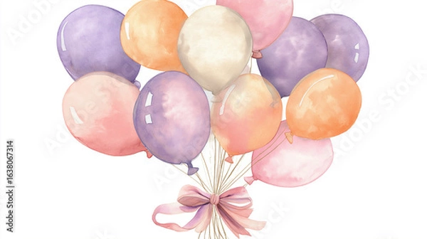 Fototapeta Colorful watercolor illustration of a cluster of balloons in various shades, tied together with a delicate ribbon, symbolizing celebration and joy in a festive atmosphere