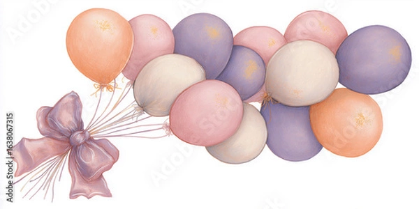 Fototapeta Colorful watercolor illustration of a cluster of balloons in various shades, tied together with a delicate ribbon, symbolizing celebration and joy in a festive atmosphere