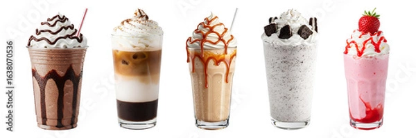 Obraz PNG set of five milkshakes in tall glasses with whipped cream toppings including chocolate drizzle caramel macchiato caramel coffee cookies, cream & strawberry with cherry garnish on white background