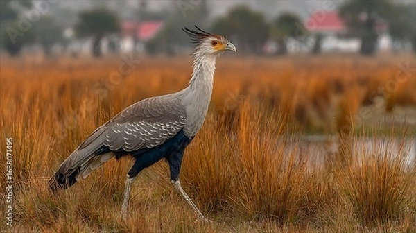 Fototapeta Elegant secretary bird strides gracefully through golden African grasslands, a captivating wildlife moment