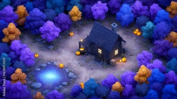 Fototapeta A whimsical, small cabin nestled within a stylized forest.