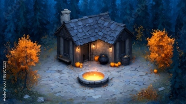 Fototapeta A rustic cabin nestled in a mystical forest at twilight.