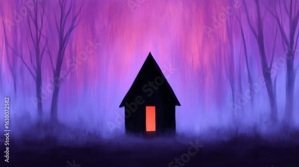 Fototapeta A silhouette of a small house in a misty forest at twilight.
