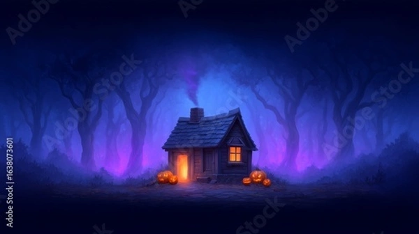 Fototapeta A small, cozy cabin nestled in a mysterious forest at night.