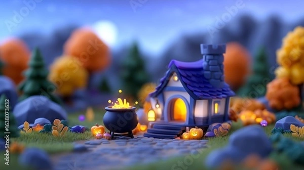 Fototapeta A miniature, whimsical autumnal cottage scene with a cauldron.