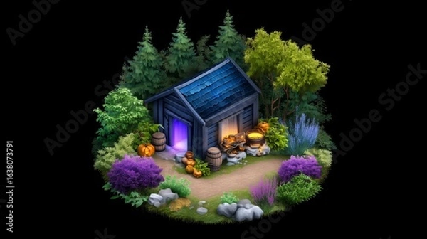 Fototapeta Isometric rendering of a rustic wooden cabin nestled within a lush forest.