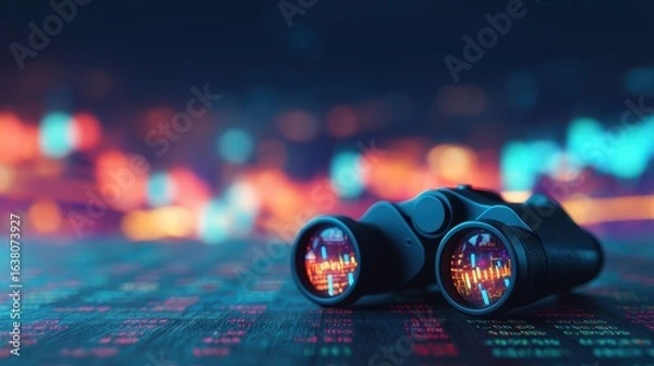 Fototapeta A pair of binoculars resting on a digital background, showcasing colorful reflections and data, suggesting a connection between exploration and technology.