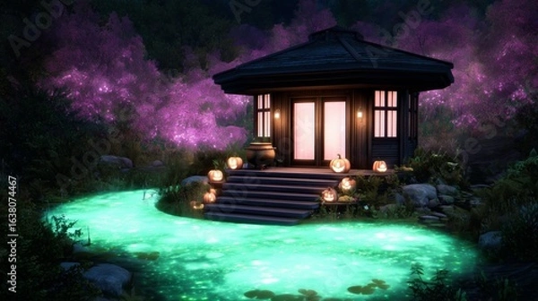 Fototapeta Enchanting nocturnal scene with a gazebo by a glowing pool.