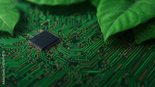 Fototapeta A microchip surrounded by green leaves on a circuit board symbolizes the fusion of technology and nature.