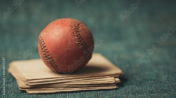 Fototapeta A vintage baseball rests on a stack of weathered cards, highlighting a nostalgic sports theme against a textured background.