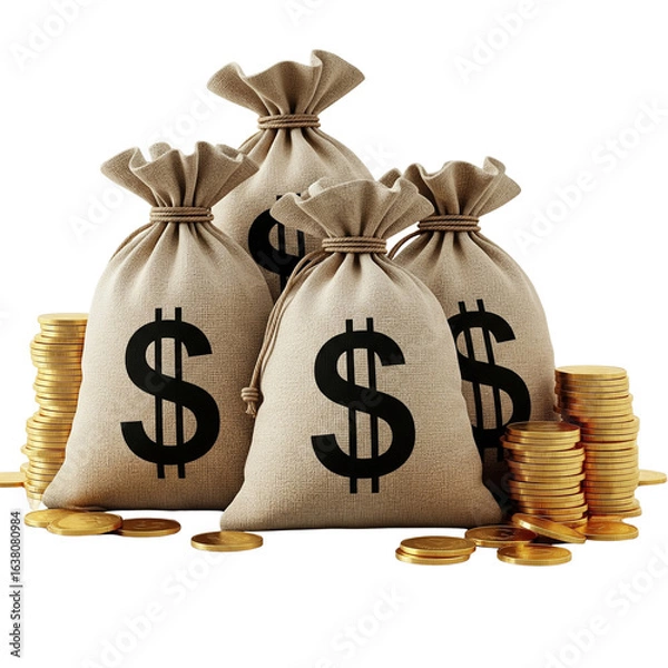 Obraz Three burlap money bags with dollar signs and stacks of gold coins isolated on transparent background