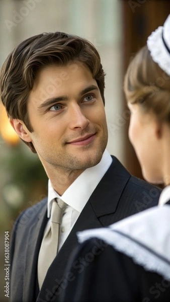 Obraz A well-dressed man smiles while interacting with a woman in a traditional uniform, set against an elegant backdrop.