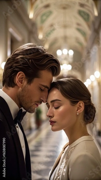 Obraz A romantic moment between a couple, sharing a tender forehead touch in an elegant, softly lit hallway.