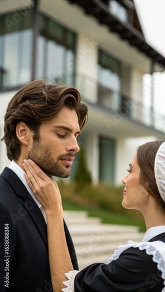 Obraz A man and woman share an intimate moment outdoors, with a modern house in the background, blending romance with contemporary architecture.