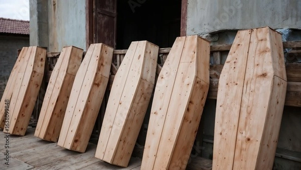 Fototapeta Row of simple wooden coffins outside rustic building