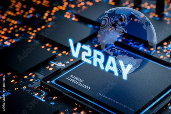 Fototapeta Replacement of VPN for accessing Internet. V2Ray tool is responsible for implementing network protocols and functions. Freedom on the Internet. Concept of bypassing censorship on Internet. 3d render