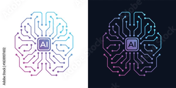 Fototapeta Artificial Intelligence AI Chip in Human Brain. Artificial Intelligence icon with Machine learning, digital skills, generative AI, AI technology, algorithm, virtual intelligence and future	
