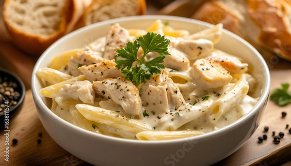 Fototapeta Creamy chicken alfredo pasta with garlic, parsley served in bowl with toasted bread slices. Penne noodles coated in rich, savory sauce