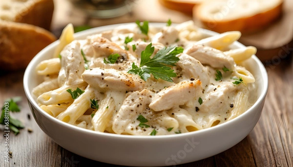 Fototapeta Creamy chicken alfredo pasta with garlic, parsley served in bowl with toasted bread slices. Penne noodles coated in rich, savory sauce