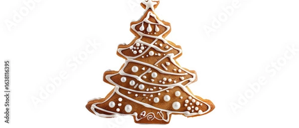Obraz A beautifully decorated gingerbread Christmas tree with icing and sugar embellishments, set against a plain background, perfect for holiday-themed culinary displays or festive celebrations