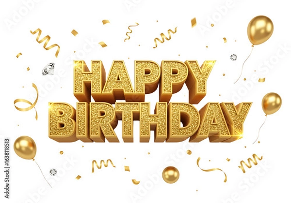 Obraz Golden happy birthday text with balloons and confetti isolated on transparent background