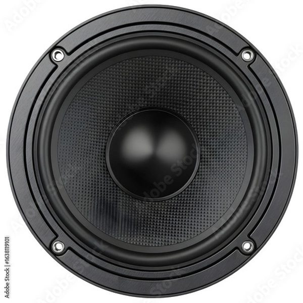 Fototapeta Close-Up Black Speaker Driver with Textured Cone, Isolated on White or Transparent Background