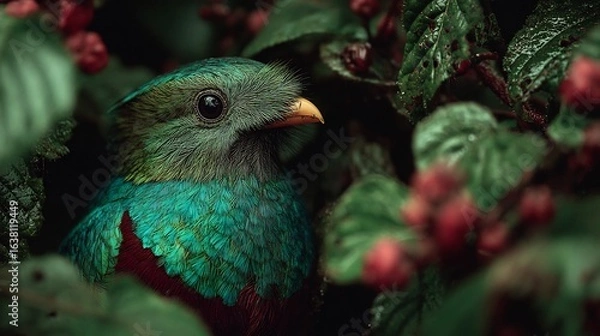 Obraz Stunning resplendent quetzal bird portrait in vibrant rainforest foliage, a symbol of freedom and beauty