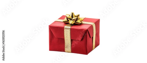 Fototapeta A beautifully wrapped red gift box with a golden bow, set against a plain background, symbolizing celebration, joy, and the spirit of giving during festive occasions
