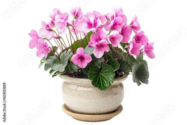 Obraz A vibrant display of pink cyclamen flowers in a decorative pot, showcasing lush green leaves, set against a neutral background, perfect for home decor or gardening inspiration