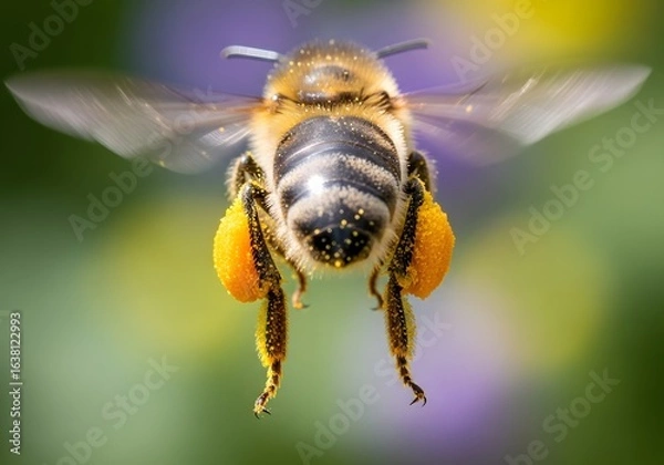 Fototapeta A busy honeybee in flight carrying large yellow pollen sacs
