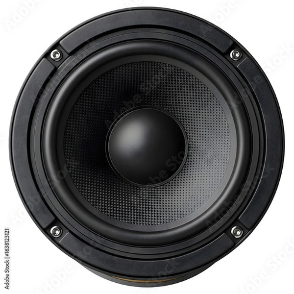 Fototapeta Close-Up Black Speaker Driver with Textured Cone, Isolated on White or Transparent Background