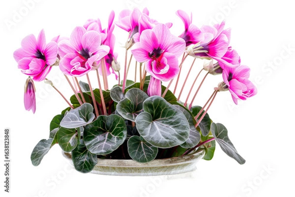 Obraz A vibrant arrangement of pink cyclamen flowers in a decorative pot, showcasing lush green leaves, set against a clean background, ideal for floral decor or gardening inspiration