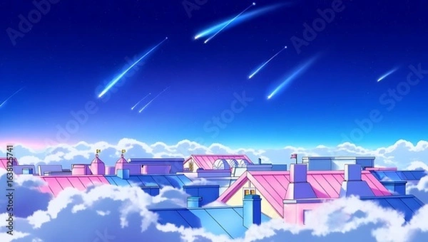 Obraz Anime Style Rooftops Above Clouds with Shooting Stars in a Deep Blue Sky
