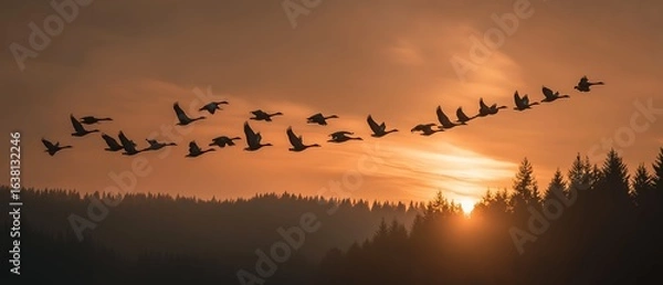 Obraz Migratory Birds Flying in Coordinated Formation