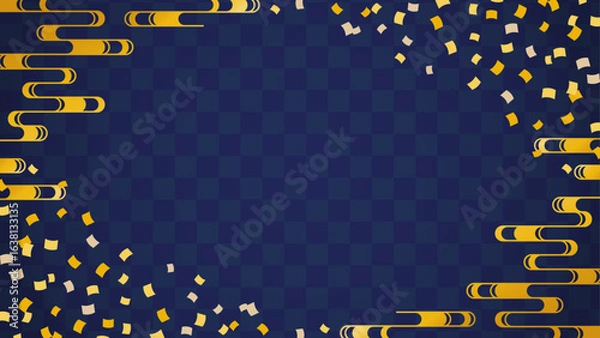 Obraz 青の市松模様と金色の流水紋と紙吹雪の和風背景素材